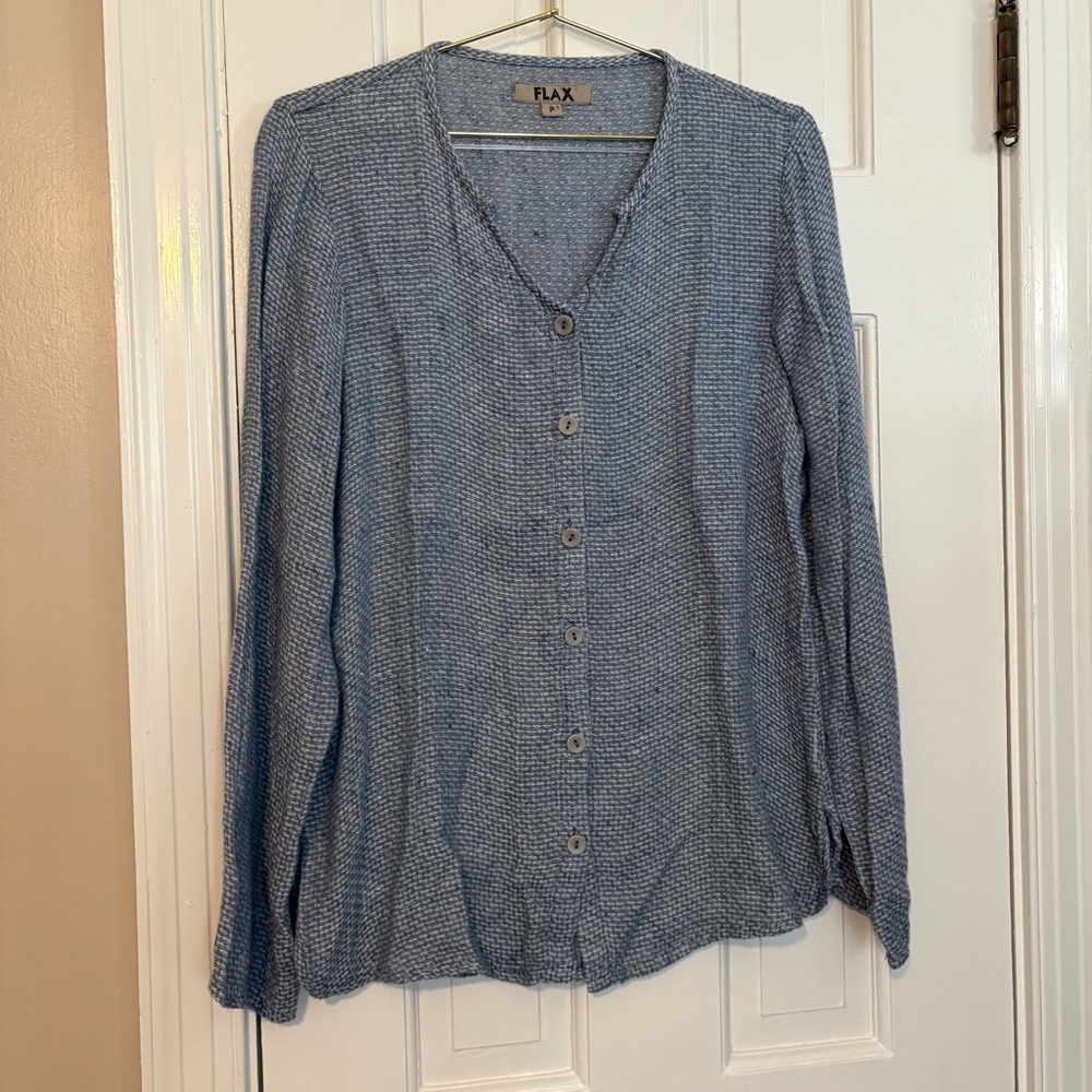 FLAX Button-Front Tunic Jacket Shirt Blue Linen - Petite